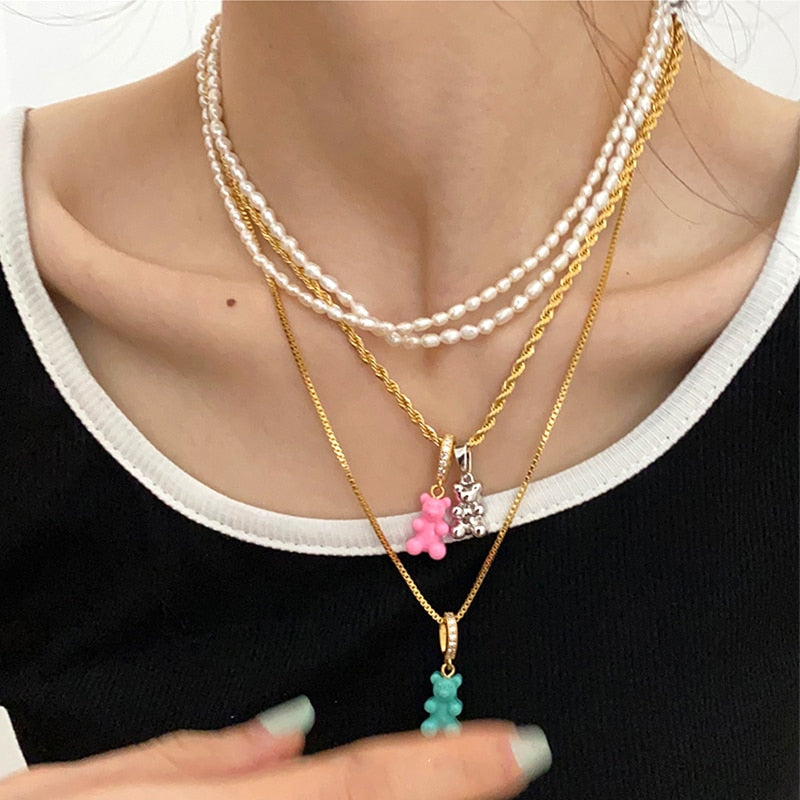 HUANZHI 2021 Colorful Resin Bear Pearl Zircon Beaded Smiley Metal Chain Pendant Necklace for Women Girls Party Jewelry Gifts