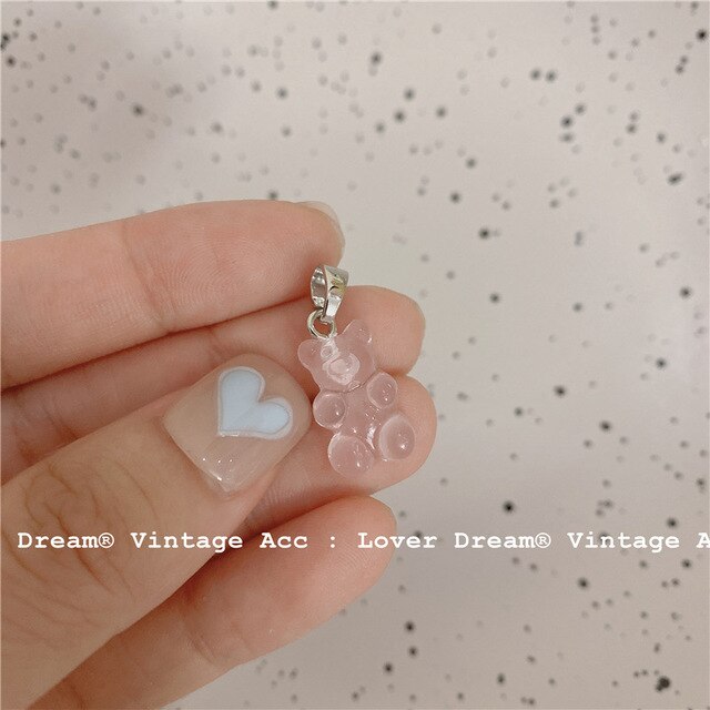 HUANZHI 2021 Colorful Resin Bear Pearl Zircon Beaded Smiley Metal Chain Pendant Necklace for Women Girls Party Jewelry Gifts