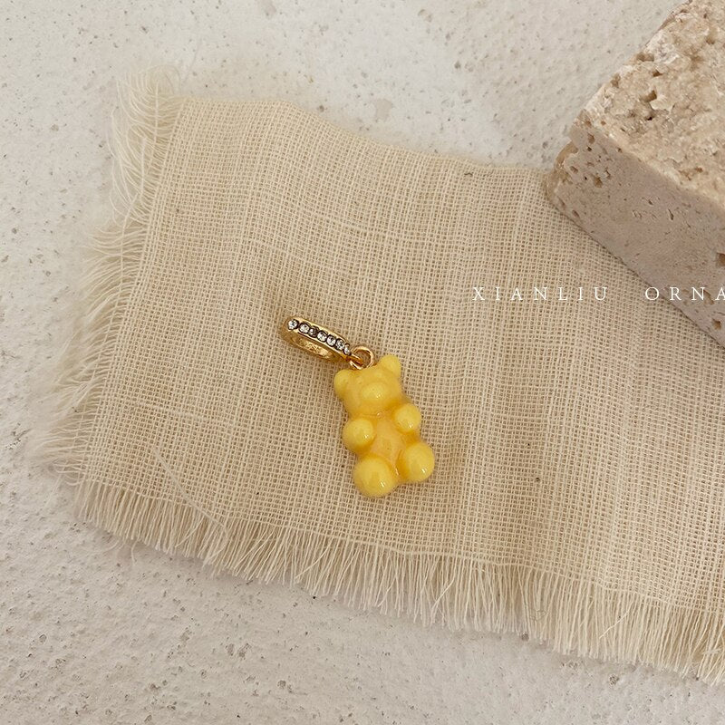 HUANZHI 2021 Colorful Resin Bear Pearl Zircon Beaded Smiley Metal Chain Pendant Necklace for Women Girls Party Jewelry Gifts