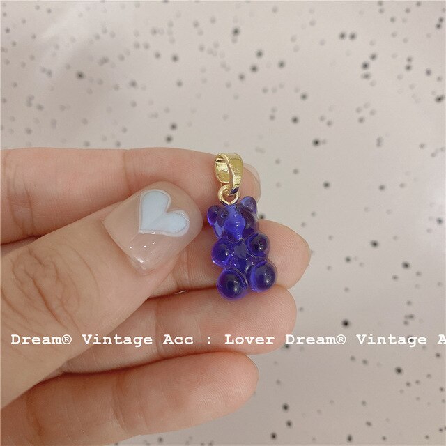 HUANZHI 2021 Colorful Resin Bear Pearl Zircon Beaded Smiley Metal Chain Pendant Necklace for Women Girls Party Jewelry Gifts