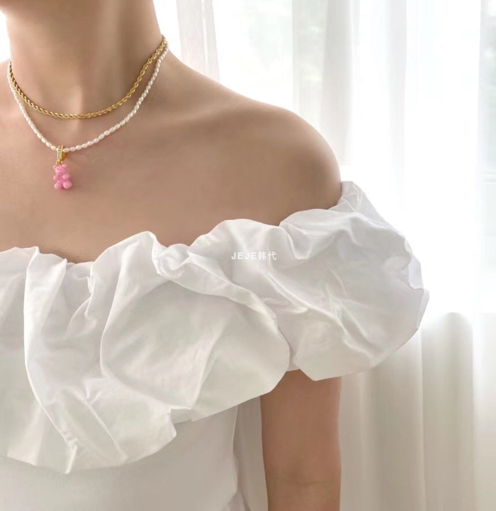 HUANZHI 2021 Colorful Resin Bear Pearl Zircon Beaded Smiley Metal Chain Pendant Necklace for Women Girls Party Jewelry Gifts