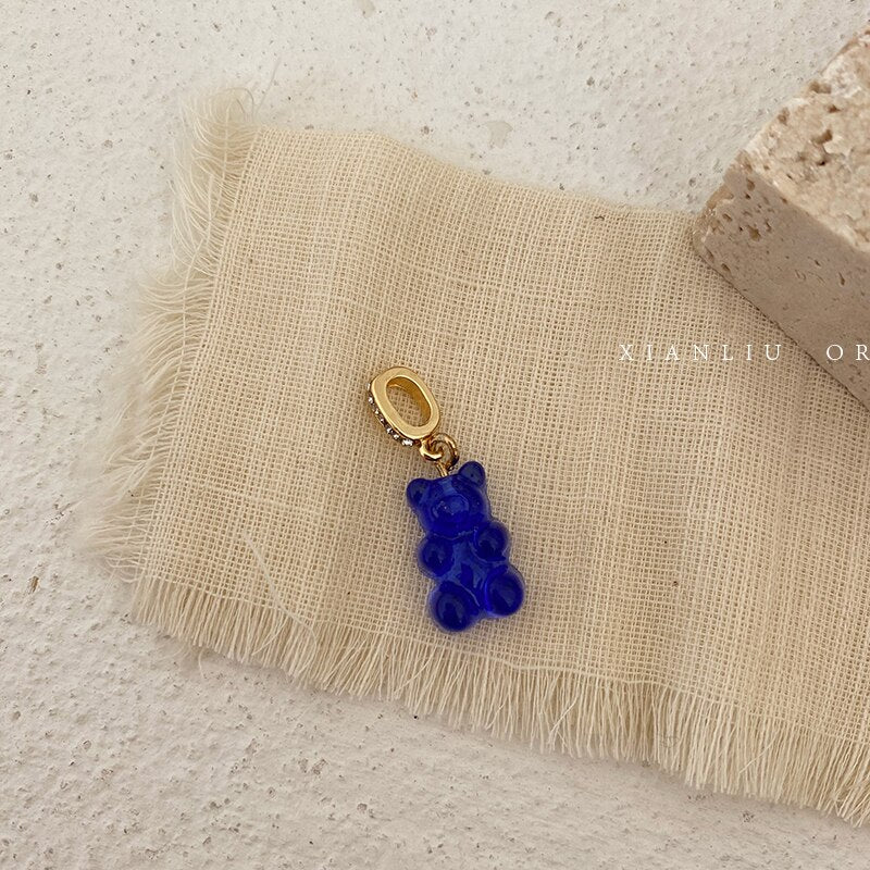 HUANZHI 2021 Colorful Resin Bear Pearl Zircon Beaded Smiley Metal Chain Pendant Necklace for Women Girls Party Jewelry Gifts