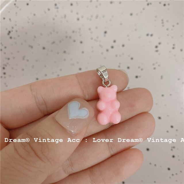 HUANZHI 2021 Colorful Resin Bear Pearl Zircon Beaded Smiley Metal Chain Pendant Necklace for Women Girls Party Jewelry Gifts