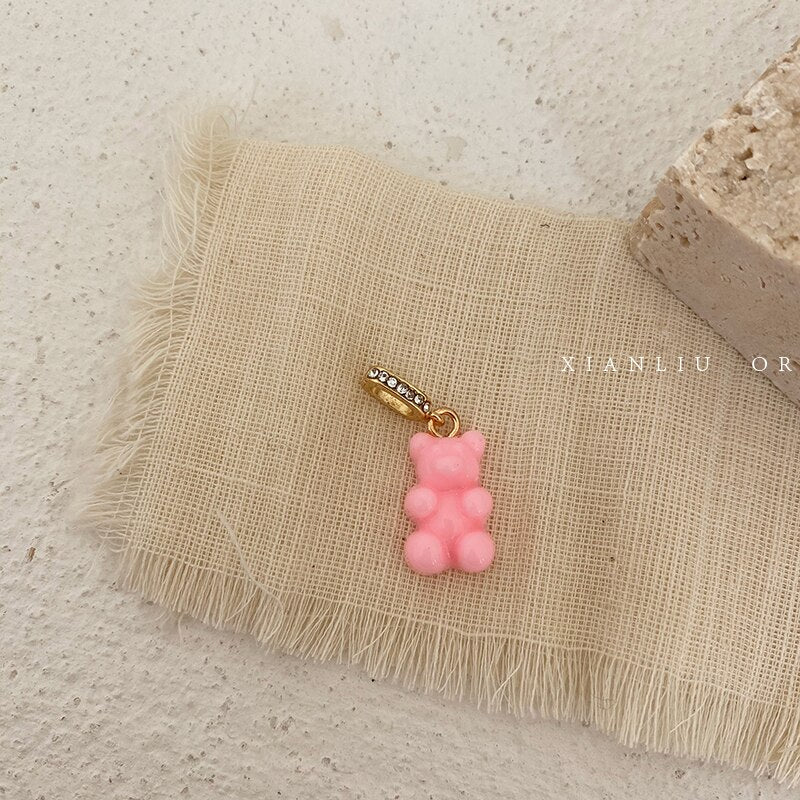 HUANZHI 2021 Colorful Resin Bear Pearl Zircon Beaded Smiley Metal Chain Pendant Necklace for Women Girls Party Jewelry Gifts