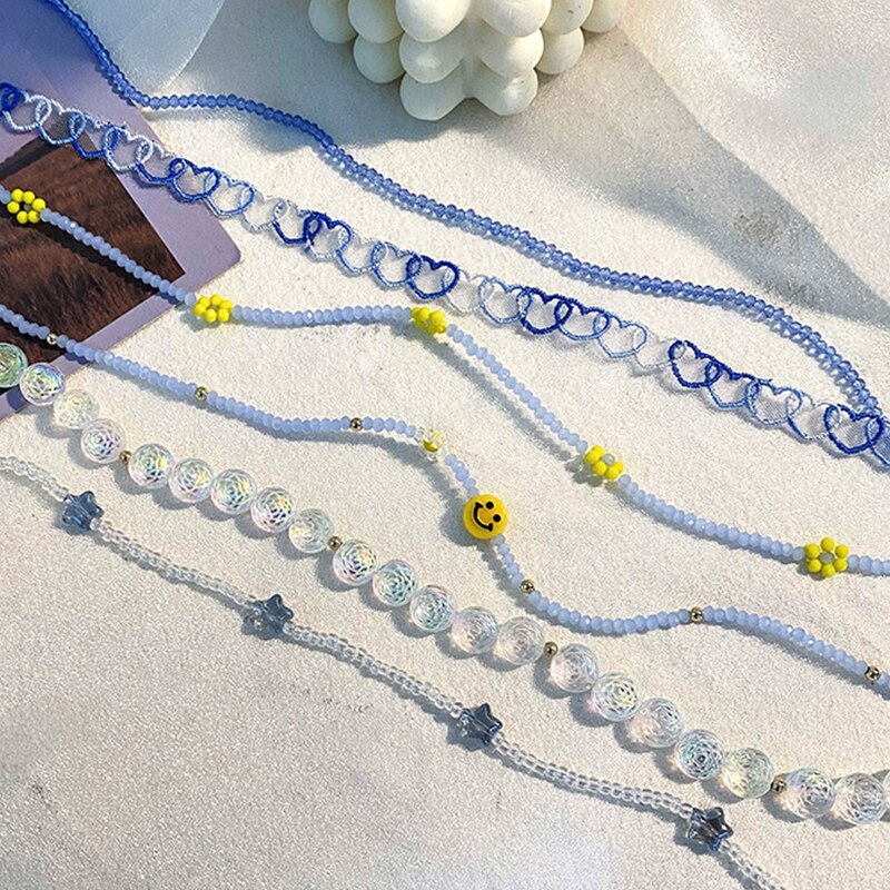 HUANZHI 2021 Sweet Blue Smiley Flower Star Heart Transparent Beads Choker Necklace For Women Girls Party Jewelry