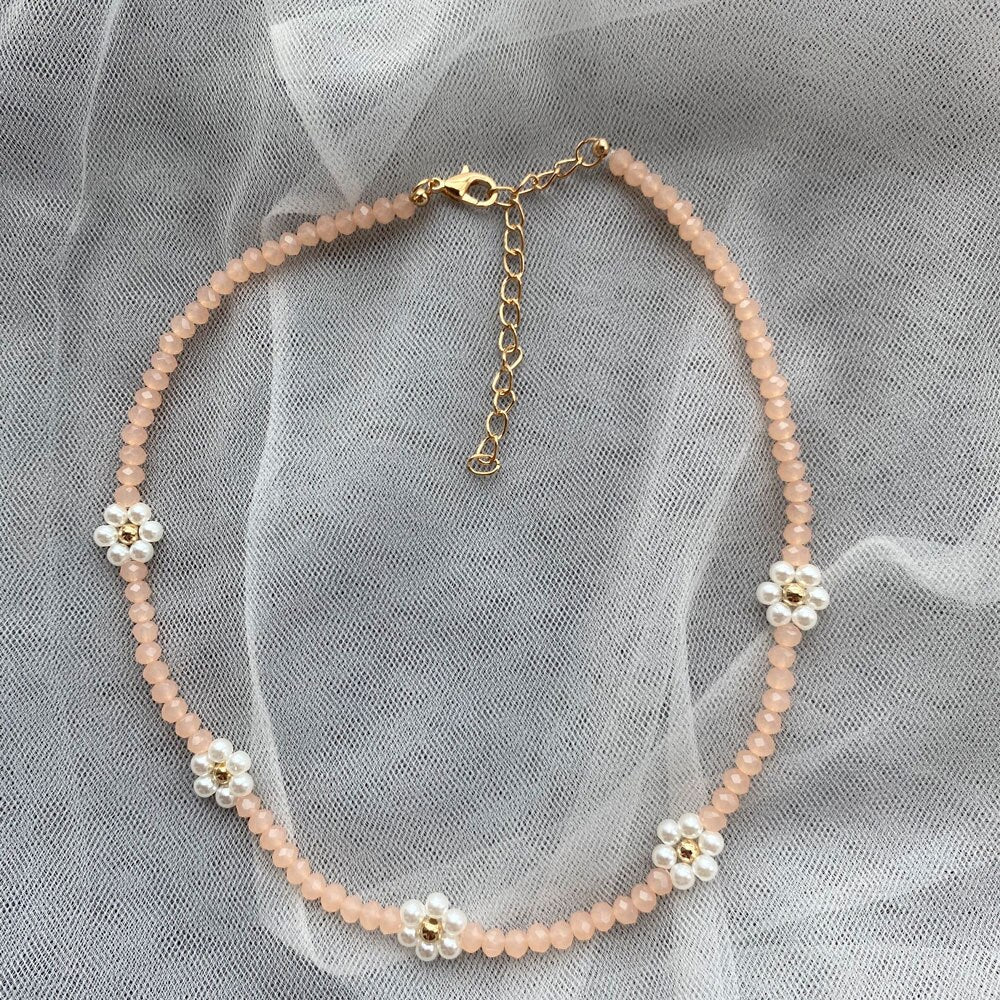 HUANZHI 2021 Summer Colorful Face Smiley Daisy Flowers Crystal Beaded Bracelet Necklace Clavicle Choker for Women Girls Jewelry