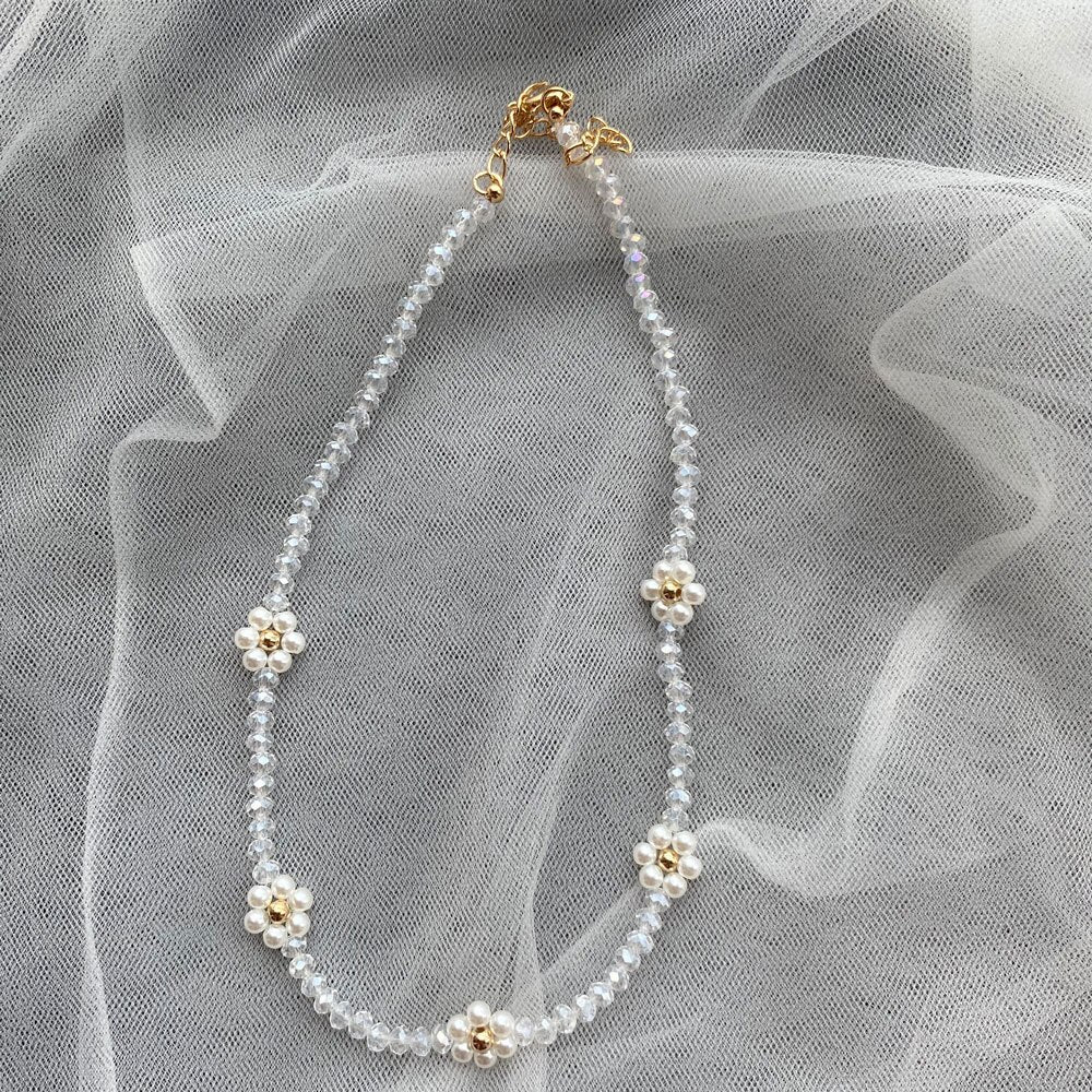 HUANZHI 2021 Summer Colorful Face Smiley Daisy Flowers Crystal Beaded Bracelet Necklace Clavicle Choker for Women Girls Jewelry