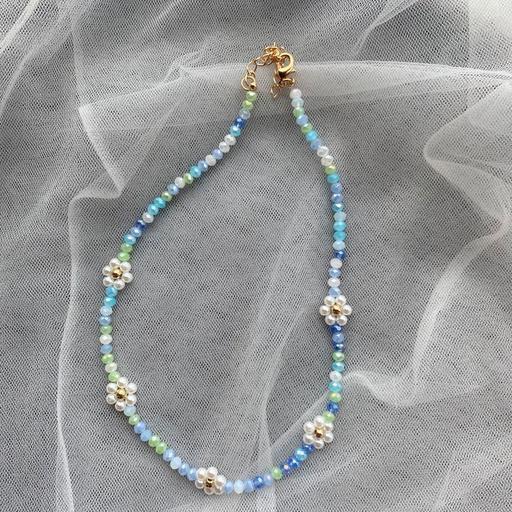 HUANZHI 2021 Summer Colorful Face Smiley Daisy Flowers Crystal Beaded Bracelet Necklace Clavicle Choker for Women Girls Jewelry