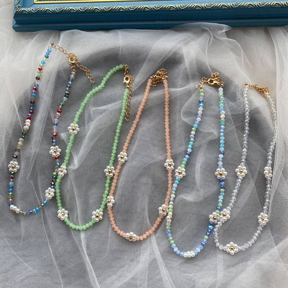 HUANZHI 2021 Summer Colorful Face Smiley Daisy Flowers Crystal Beaded Bracelet Necklace Clavicle Choker for Women Girls Jewelry