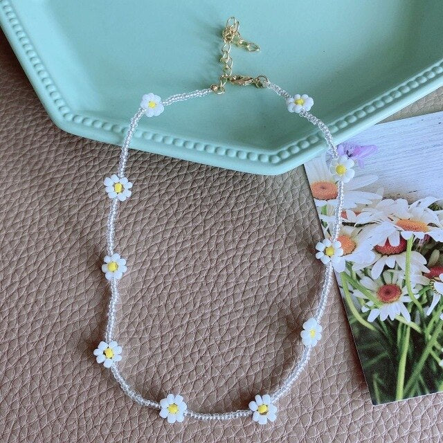 HUANZHI 2021 Summer Colorful Face Smiley Daisy Flowers Crystal Beaded Bracelet Necklace Clavicle Choker for Women Girls Jewelry