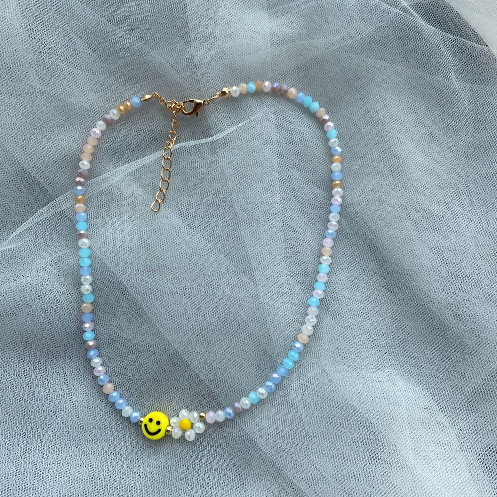 HUANZHI 2021 Summer Colorful Face Smiley Daisy Flowers Crystal Beaded Bracelet Necklace Clavicle Choker for Women Girls Jewelry