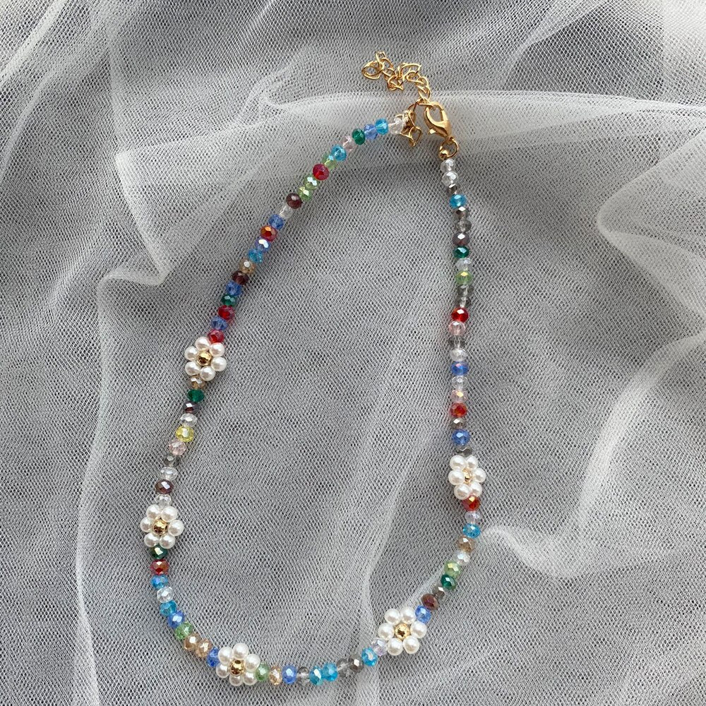 HUANZHI 2021 Summer Colorful Face Smiley Daisy Flowers Crystal Beaded Bracelet Necklace Clavicle Choker for Women Girls Jewelry