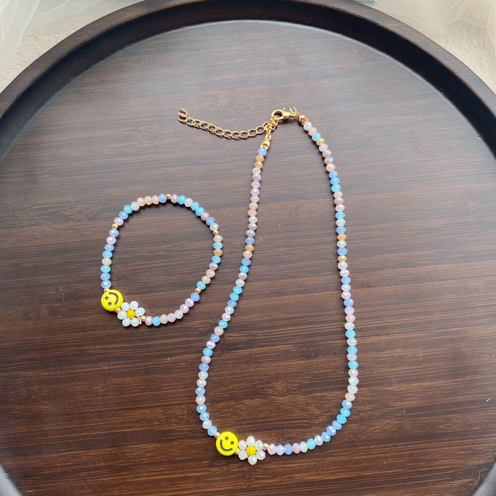HUANZHI 2021 Summer Colorful Face Smiley Daisy Flowers Crystal Beaded Bracelet Necklace Clavicle Choker for Women Girls Jewelry
