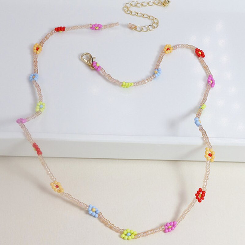 HUANZHI 2021 Summer Colorful Face Smiley Daisy Flowers Crystal Beaded Bracelet Necklace Clavicle Choker for Women Girls Jewelry
