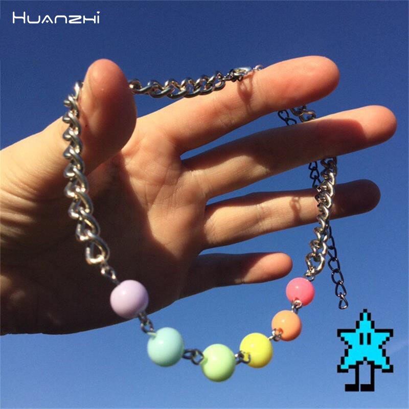 HUANZHI 2021 Trendy Color Beads Heart Pendant Metal Dinosaur Couple Choker Necklace Hip-Hop Style for Ladies Girls Party Jewelry