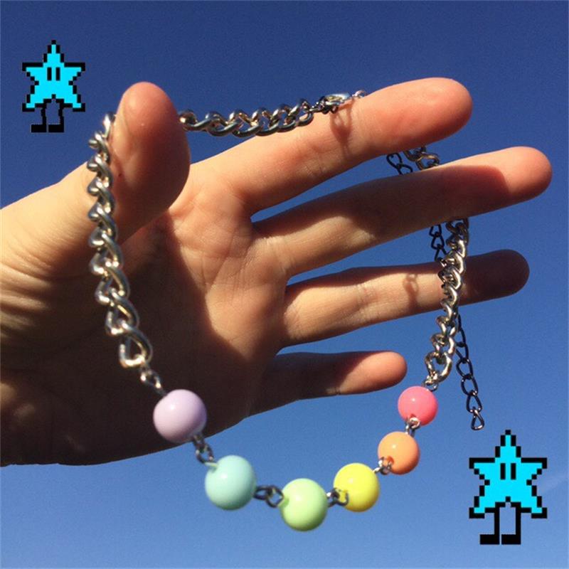 HUANZHI 2021 Trendy Color Beads Heart Pendant Metal Dinosaur Couple Choker Necklace Hip-Hop Style for Ladies Girls Party Jewelry