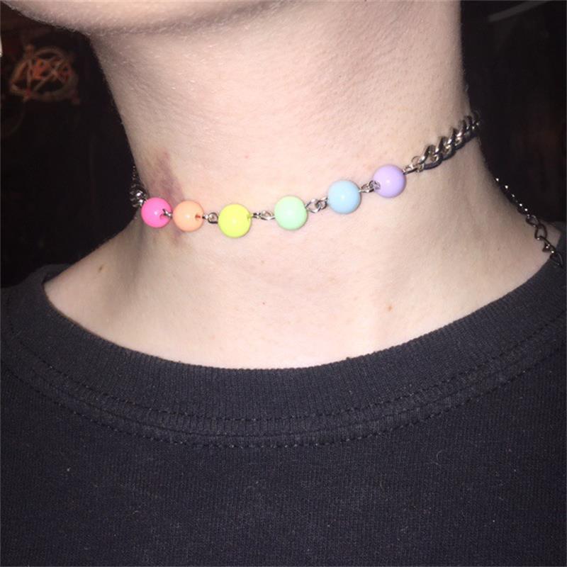 HUANZHI 2021 Trendy Color Beads Heart Pendant Metal Dinosaur Couple Choker Necklace Hip-Hop Style for Ladies Girls Party Jewelry