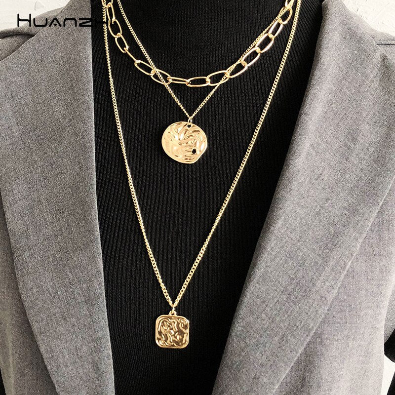 HUANZHI Vintage Exaggeration Multilayer Choker Personality Gold Color Metal Round Square Long Chain Necklaces For Women Jewelry