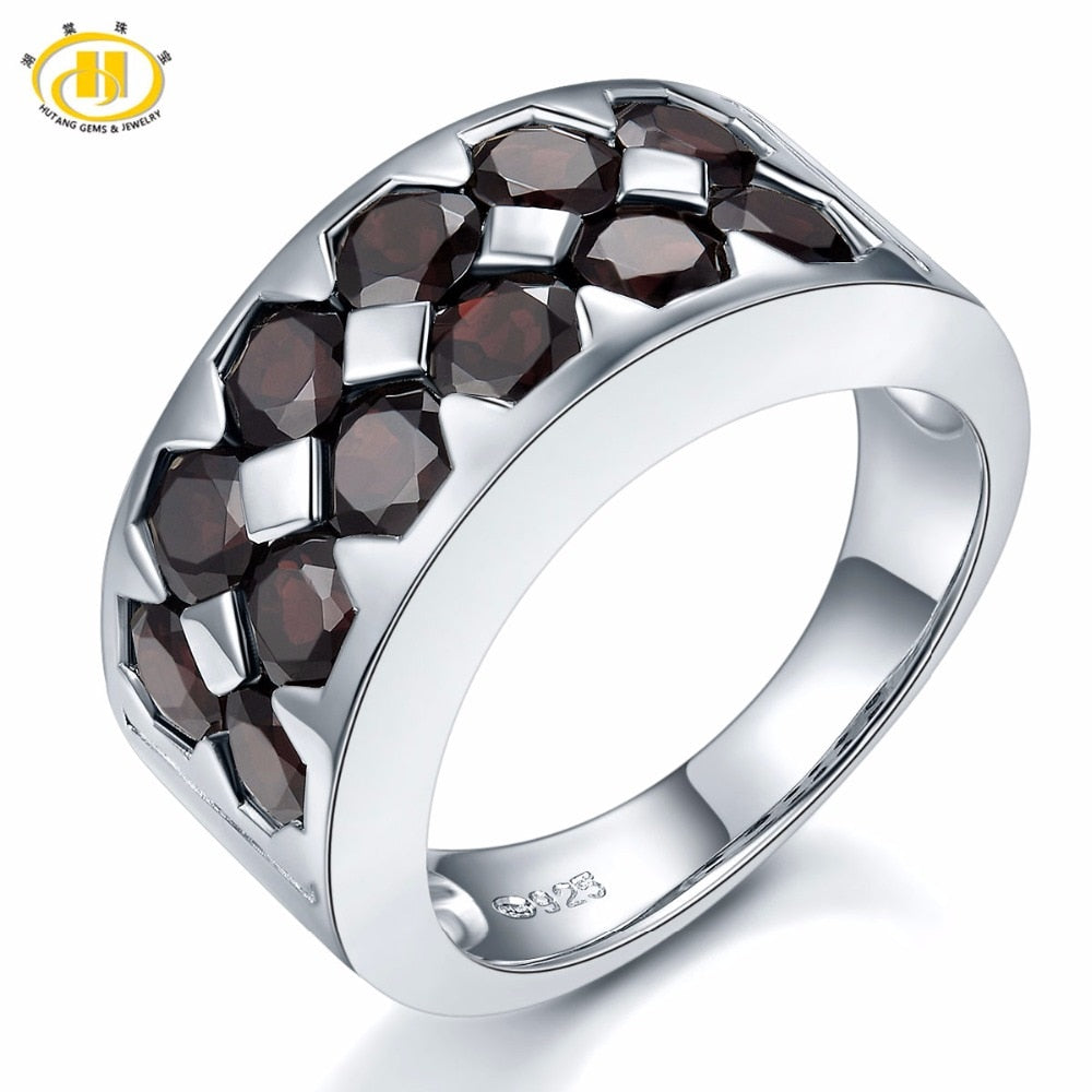 HUTANG Engagement Ring 4.2ct Natural Black Garnet Solid 925 Sterling Silver Cluster Gemstone Fine Stone Jewelry Women Xmas Gift