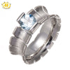 HUTANG Genuine Aquamarine 6mm Solid 925 Sterling Silver Ring Fine Unique Jewelry