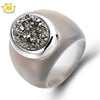 HUTANG Gr Durzy Oval 13x10mm & Agate Band Ring Solid 925 Sterling Silver Fine Jewelry for Women's Mem's Unique Design