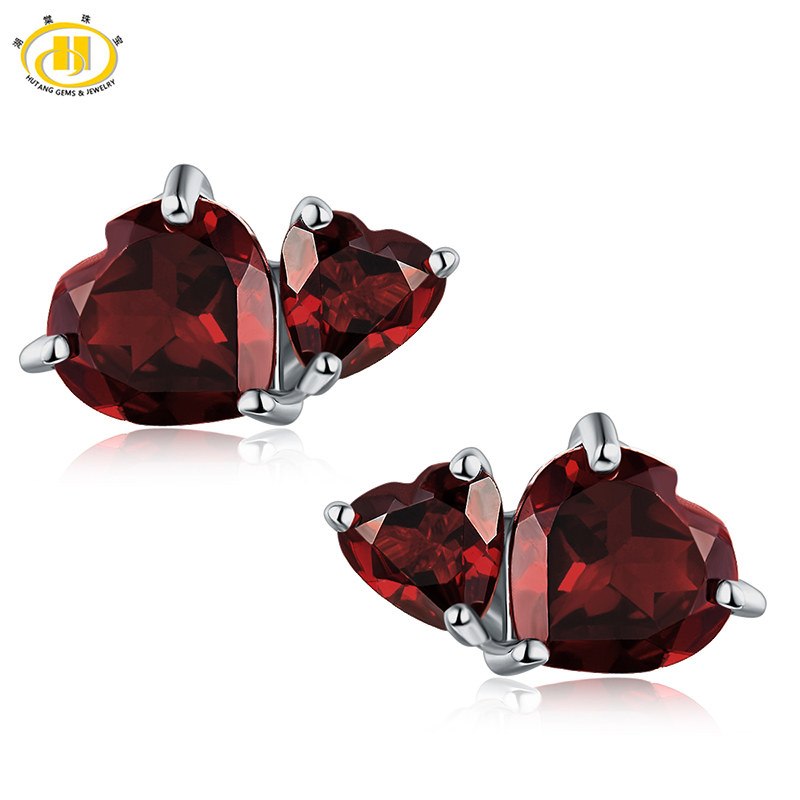 HUTANG Heart Women Stud Earrings For Women Garnet Earring For Lady Jewelery Solid 925 Sterling Silver Brinco Feminino Red