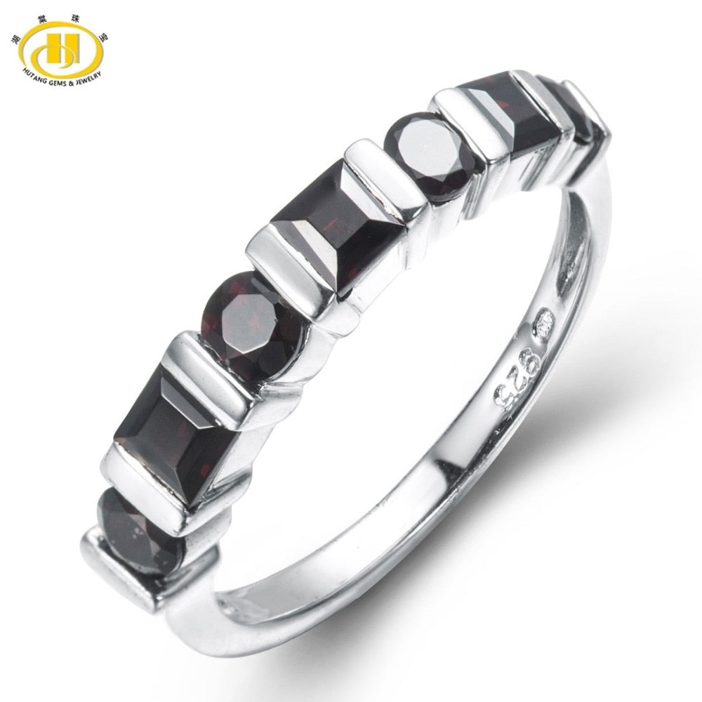 HUTANG NEW Natural Black Garnet Solid 925 Sterling Silver Ring Gemstone Fine Jewelry Women's Christmas