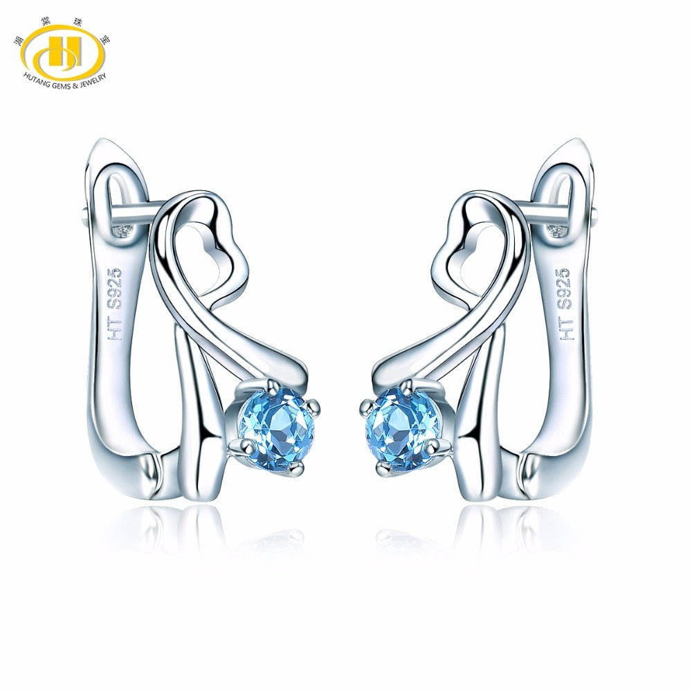 HUTANG Natural Blue Topaz Clip Earrings Solid 925 Sterling Silver Gemstone Handmade Fine Stone Jewelry Women's Gift New