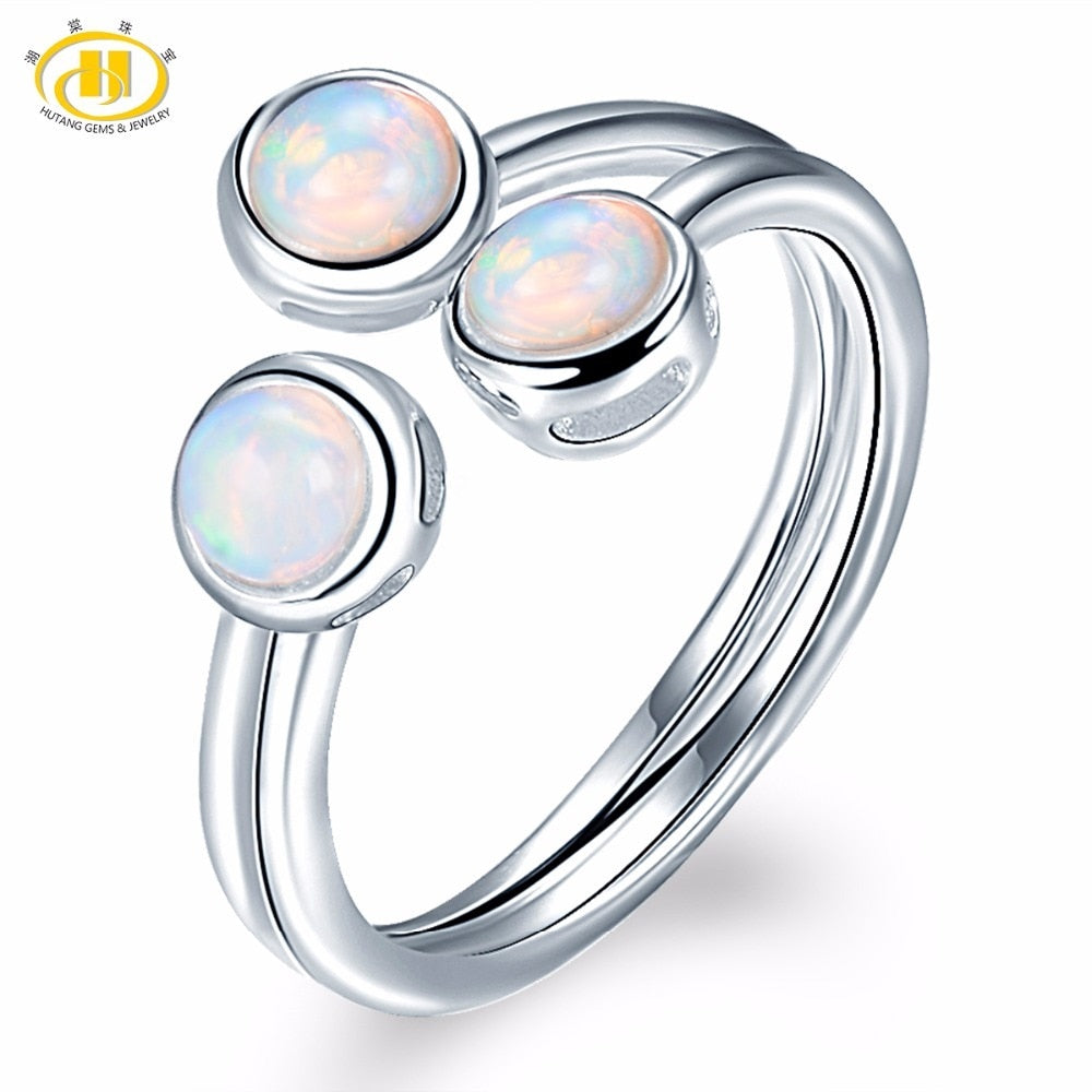 HUTANG Natural Opal Solid 925 Sterling Silver Engagement Open Ring Gemstone Fine Jewelry Women's Gift New Arrival
