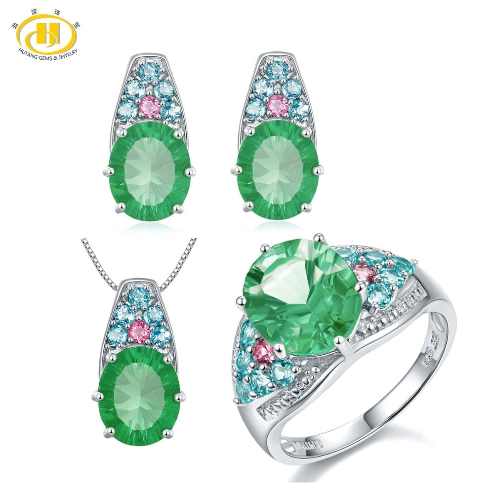 HUTANG Stone Jewelry Sets Natural Gemstone Fluorite Tourmaline Solid 925 Sterling Silver Bridal Jewelry Ring Pendant Earrings