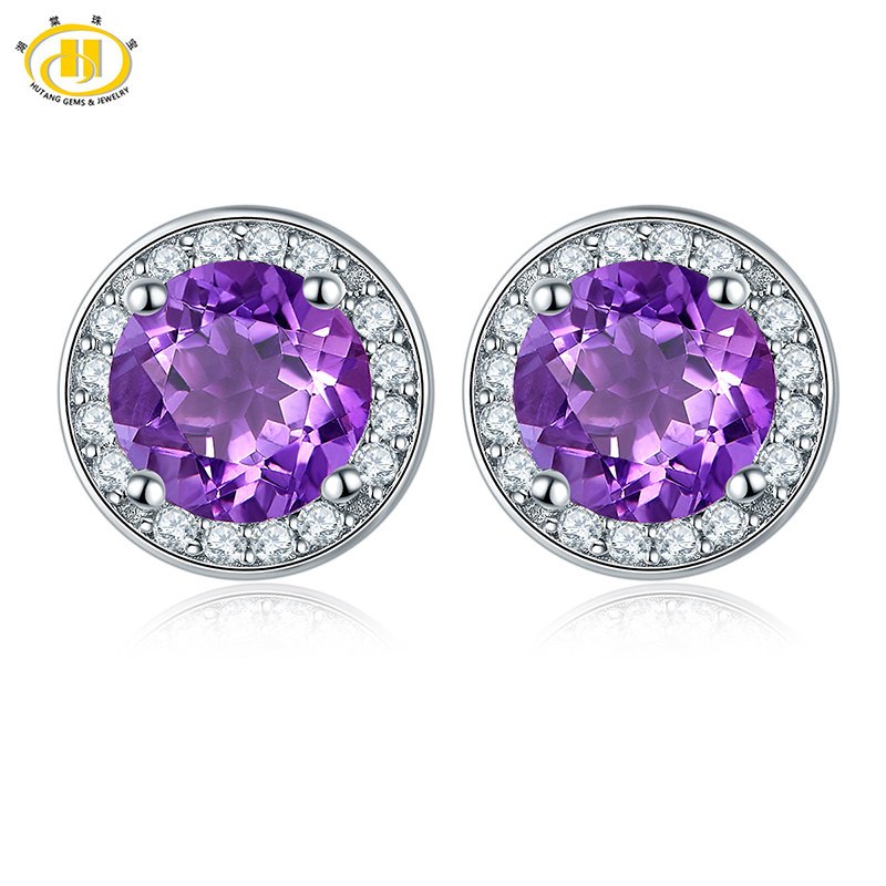 HUTANG Stud Earrings Women Round Earring For Women Garnet Fashion Solid 925 Sterling Silver Brinco Feminino Purple