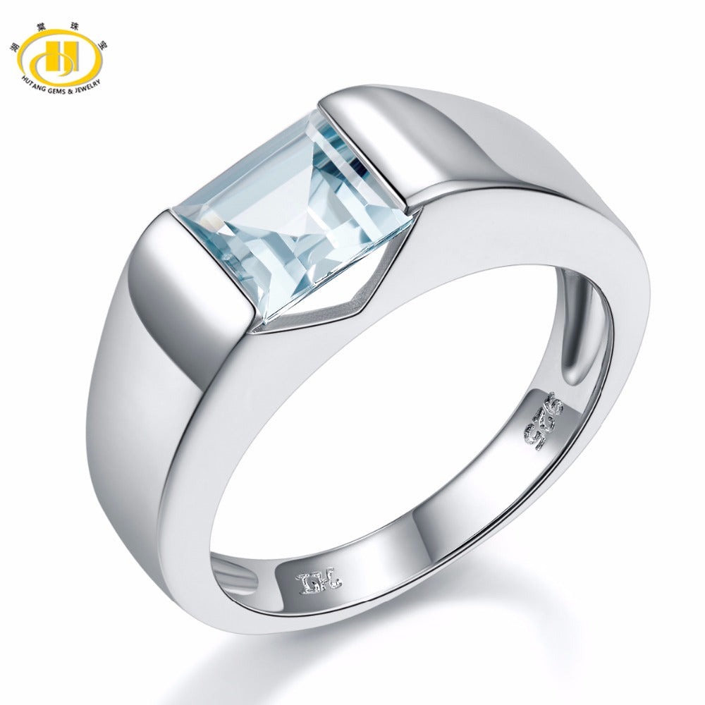 HUTANG Wedding Ring Natural Aquamarine Princess Cut Solid 925 Sterling Silver Gemstone Fine Fashion Jewelry Women Men Xmas Gift