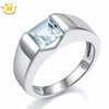 HUTANG Wedding Ring Natural Aquamarine Princess Cut Solid 925 Sterling Silver Gemstone Fine Fashion Jewelry Women Men Xmas Gift