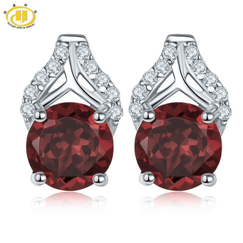 HUTANG Women Stud Earrings Round Jewelery Garnet For Women Sterling Silver Red Earring Fashion Feminino Brinco