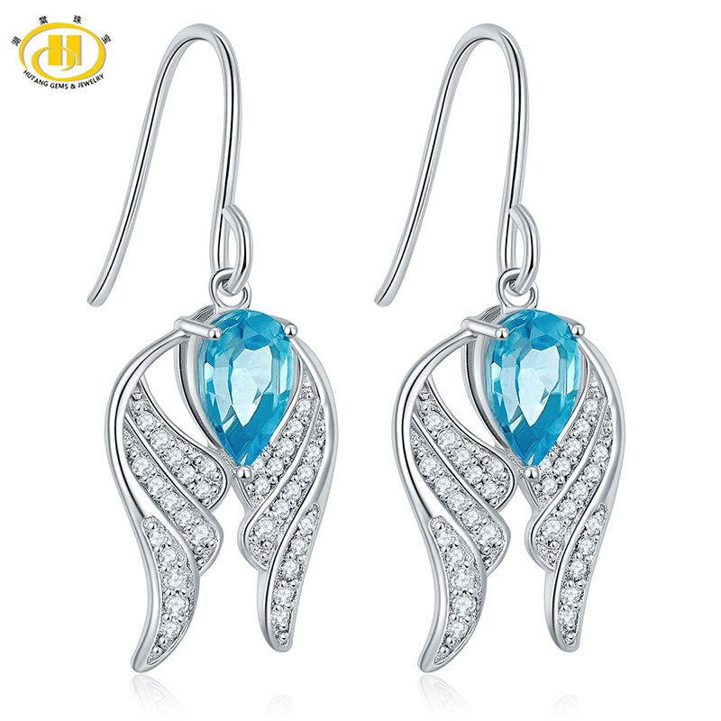 HUTANG Women Topaz Drop Earrings Water Drop Earring For Women Jewelery Fashion Sterling Silver Brinco Feminino Blue