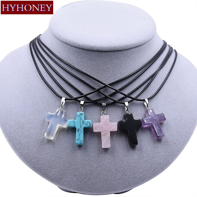 HYHONEY Cross Natural Stone Pendant Necklace for Women Necklaces&Pendants 2021 Jewelry Gifts colar