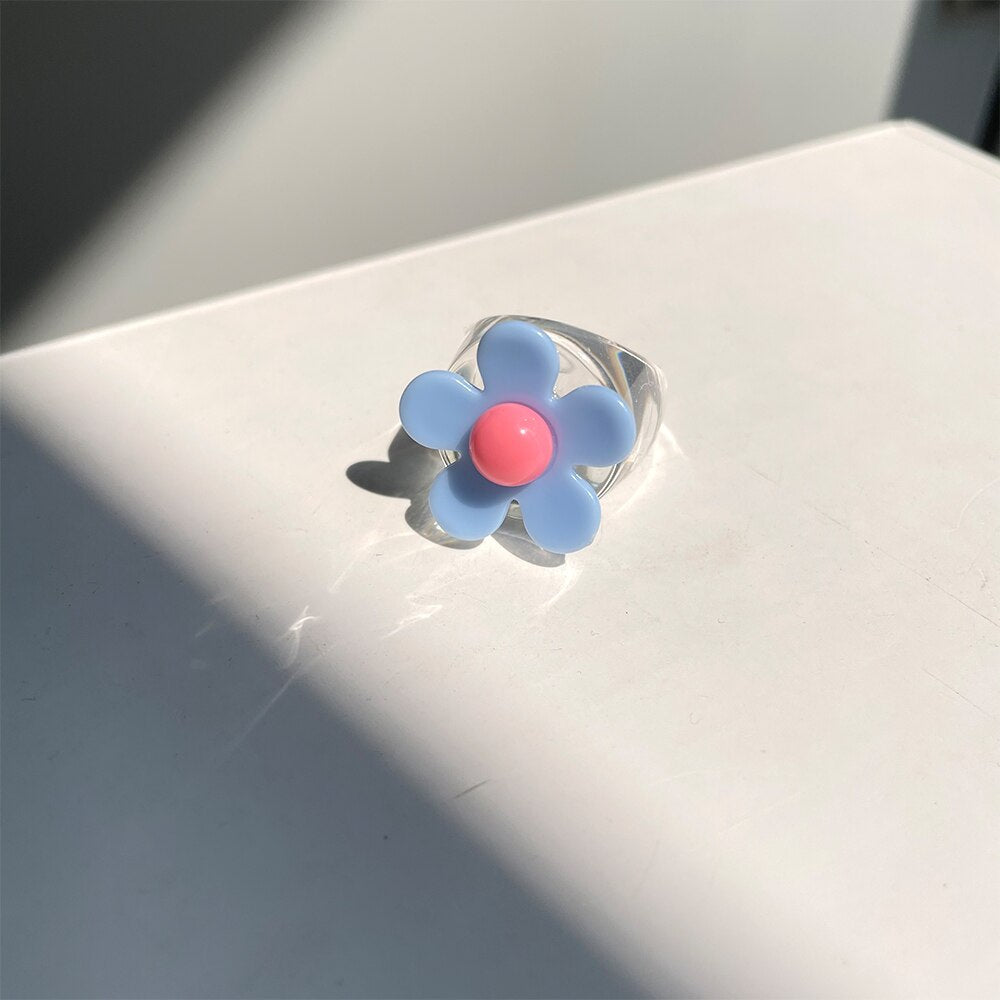 HZ 2021  Funny Cute Colorful Acrylic Resin Cartoon Animal Love Flower Ring Transparent for Women Girls Party Jewelry Gifts