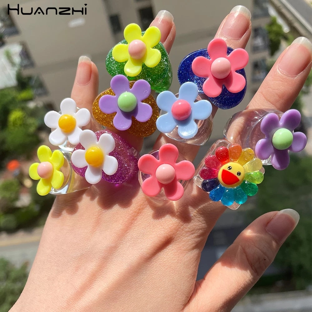 HZ 2021  Funny Cute Colorful Acrylic Resin Cartoon Animal Love Flower Ring Transparent for Women Girls Party Jewelry Gifts