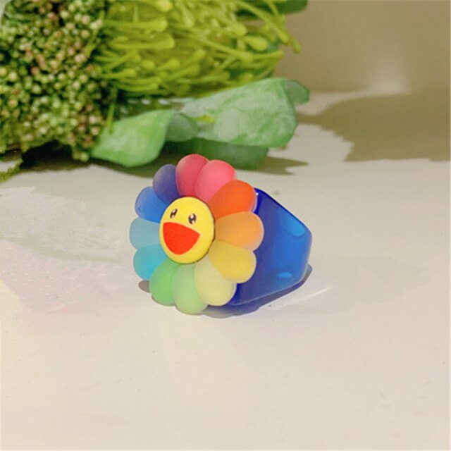 HZ 2021  Funny Cute Colorful Acrylic Resin Cartoon Animal Love Flower Ring Transparent for Women Girls Party Jewelry Gifts