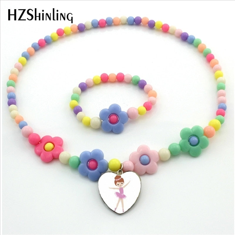 New Arrival Ballerina Girl Heart Necklace Cute Little Cartoon Ballerina Girl Flower Necklace Bead Jewelry for Girls