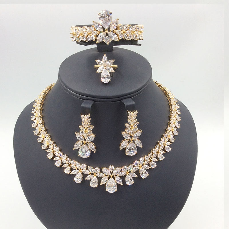 Luxury Bridal Wedding Jewelry Sets For Women New Sparkling AAA Zircon Paved Copper Accessory 4pcs Sets of Jewelry CN184