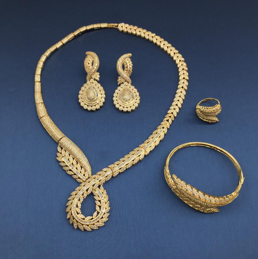 Stylish Twist Leaf Shape Dubai Bridal Jewelry Set Fashion Wedding Necklace Earring 4pc Sets Saudi Women Jewelry NC761