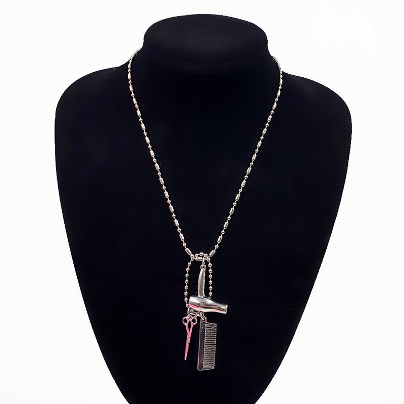 Hair Stylist Dryer Scissor Comb Tools Pendants Necklace Barber Shop Hair Dresser Sweater Chain Jewelry