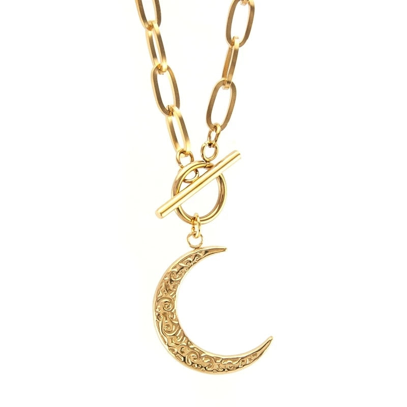 Half Moon necklace Stainless Steel Crescent Toggle Necklaces Gold Metal Luna Necklace Chunky Heavy Duty Chain Choker Collar