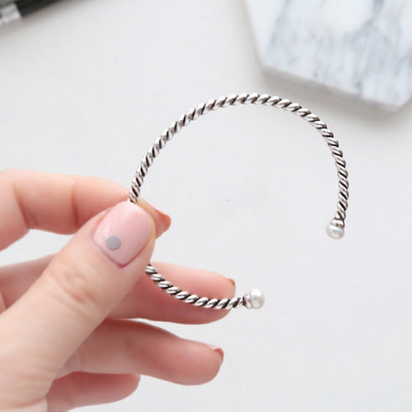 Half Round White Pearl Vintage Twisted 925 Sterling Silver Adjustable Bangle