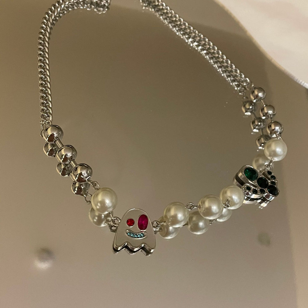 Halloween Ghost Necklaces Scary Creative Pearl Crystals Cactus Pendant Short Clavicle Chain For Women Accessories