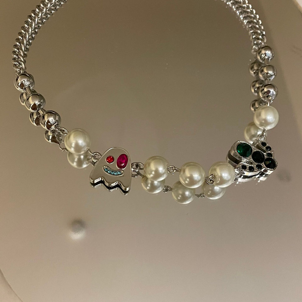 Halloween Ghost Necklaces Scary Creative Pearl Crystals Cactus Pendant Short Clavicle Chain For Women Accessories