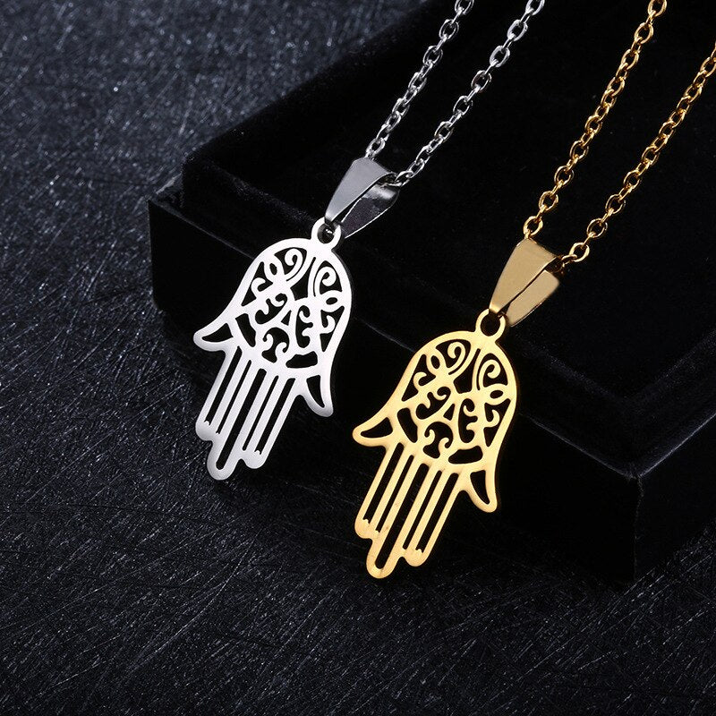 Hamsa Hand Pendant Necklace Women Men Amulet Stainless Steel Gold Silver Color Hand of Fatima Choker Jewelry Gift Clavicle Chain