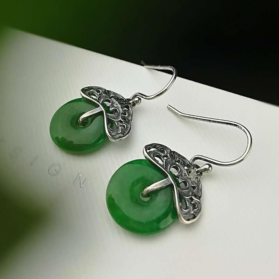 Hand Carved Green Jade Earrings For Women Peace Buckle Amulet For Women Real 925 Sterling Silver Vintage Hooks Drop Earring
