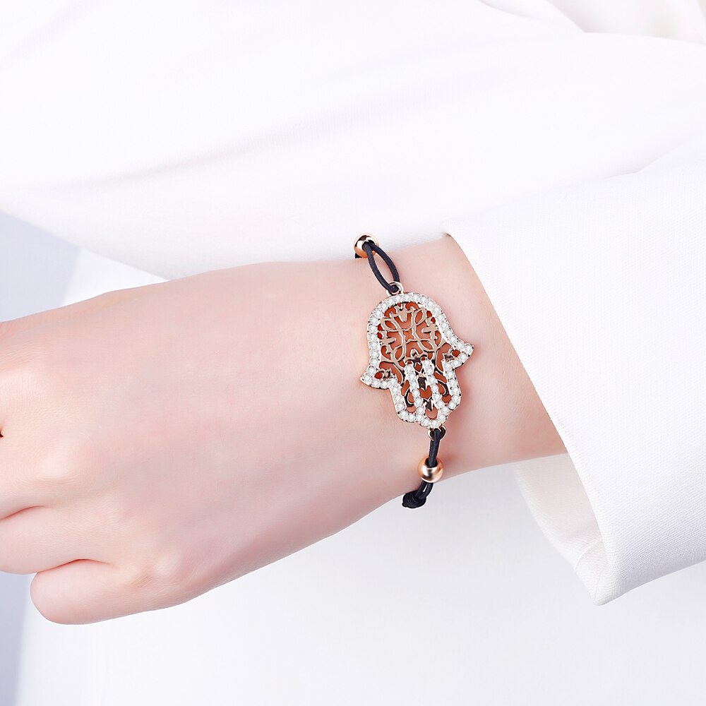 Hand Hamsa Fatima Bracelet Gold Silvery Crystal Pendant Hollow Rope Women Bracelets Leather Buddhism Jewelry Women Accessorie